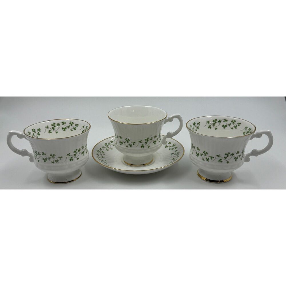 Royal Tara Galway Ireland Bone China Cup & Saucer Set & 2 Cup Trellis Shamrock